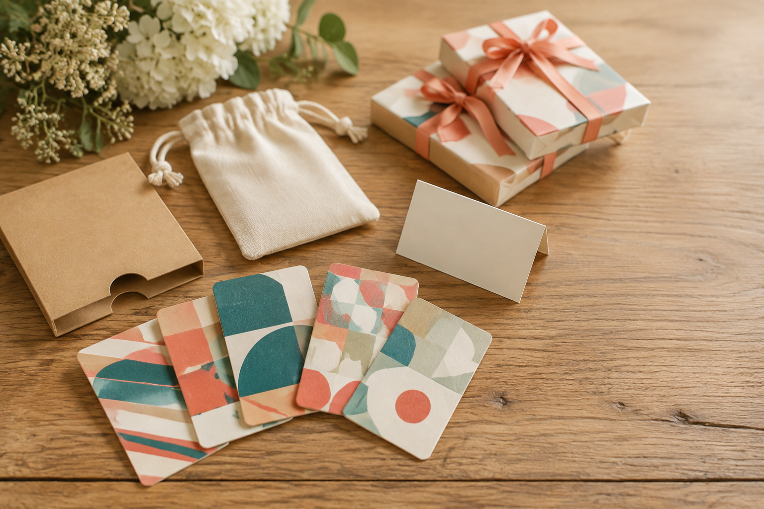 Coordinated Mahjong shuffler cards with gift packaging prepared for an event favor review.